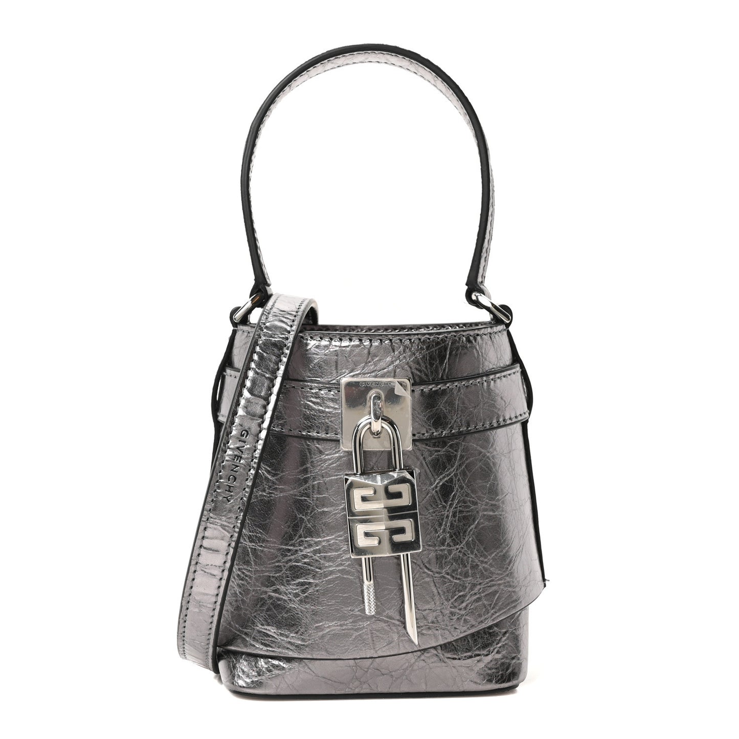 Laminated Lambskin Micro Shark Lock Bucket Bag Silvery Grey