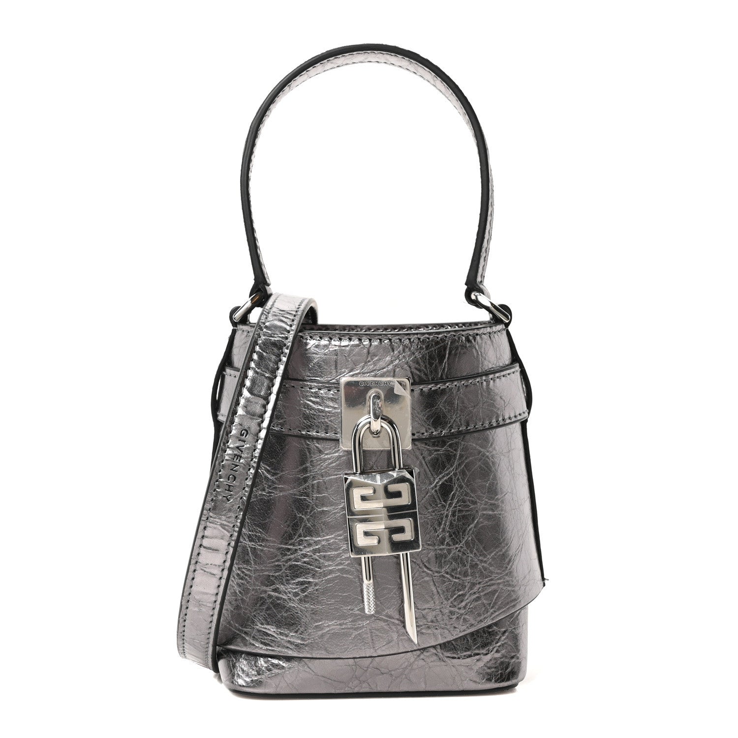 Givenchy Laminated Lambskin Micro Shark Lock Bucket Bag Silvery Grey 1 of 10