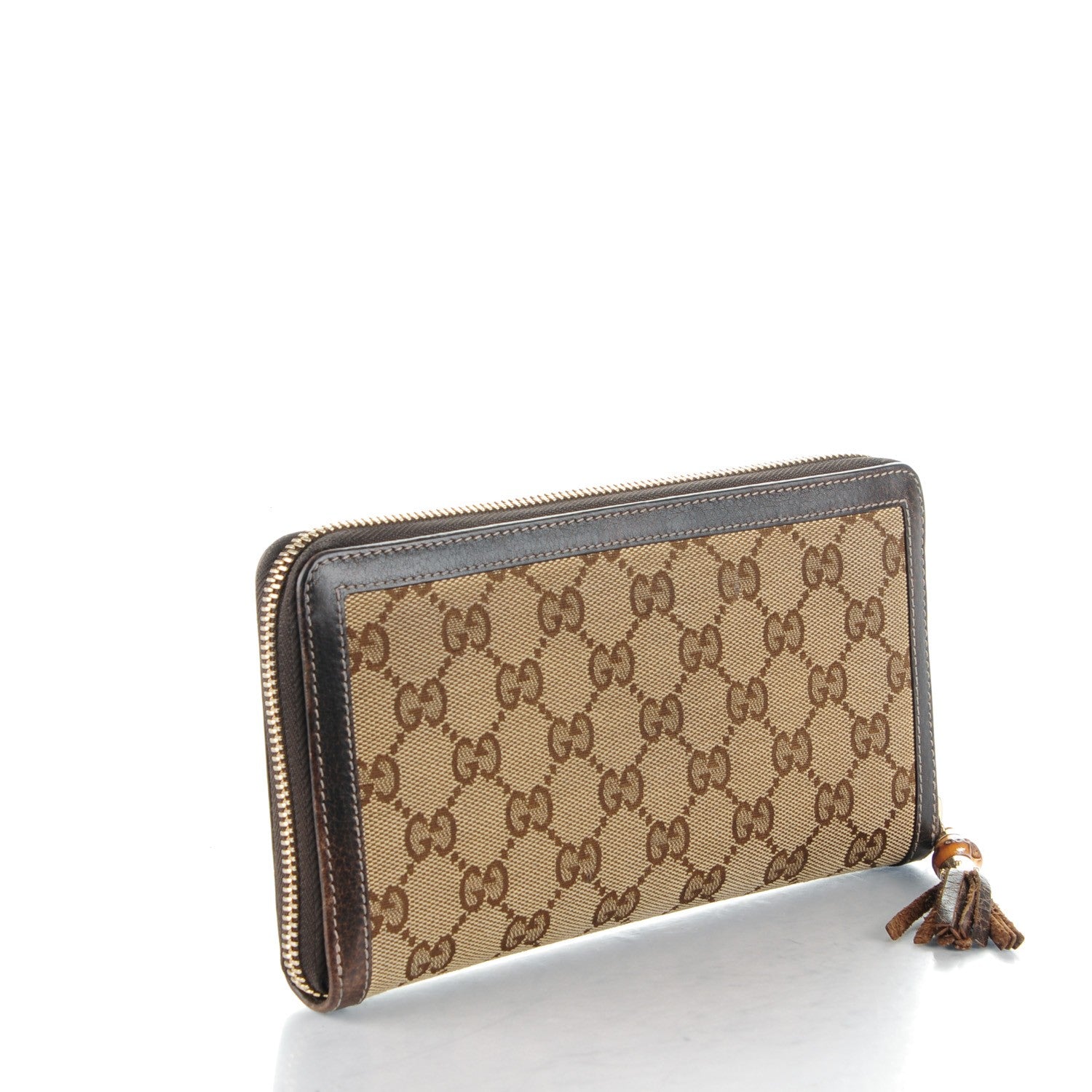 Gucci Monogram Calfskin Bamboo Tassel Zip Around Wallet Beige Ebony Chocolate 3 of 7