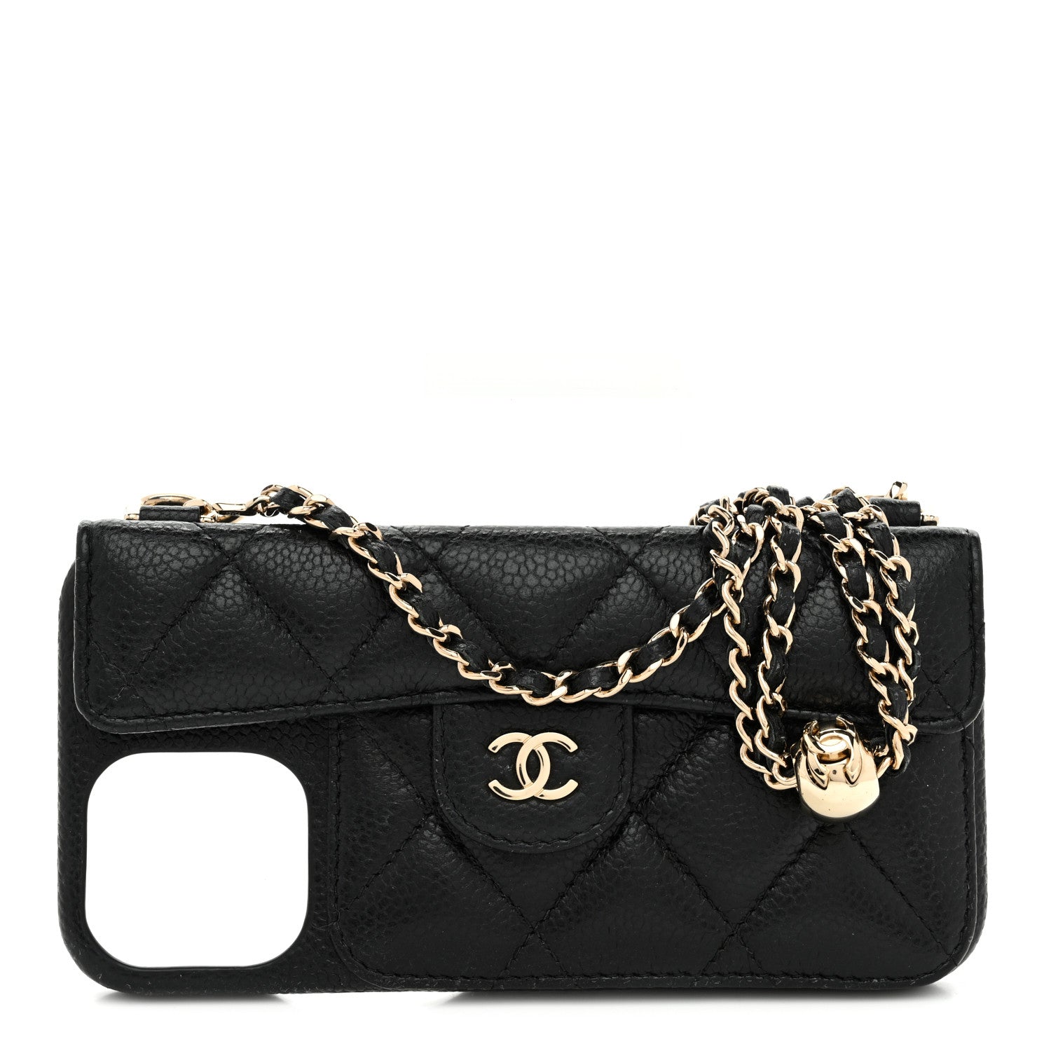 Chanel Caviar Quilted Pearl Crush iPhone XII Pro Max Holder With Chain Black 1 of 10