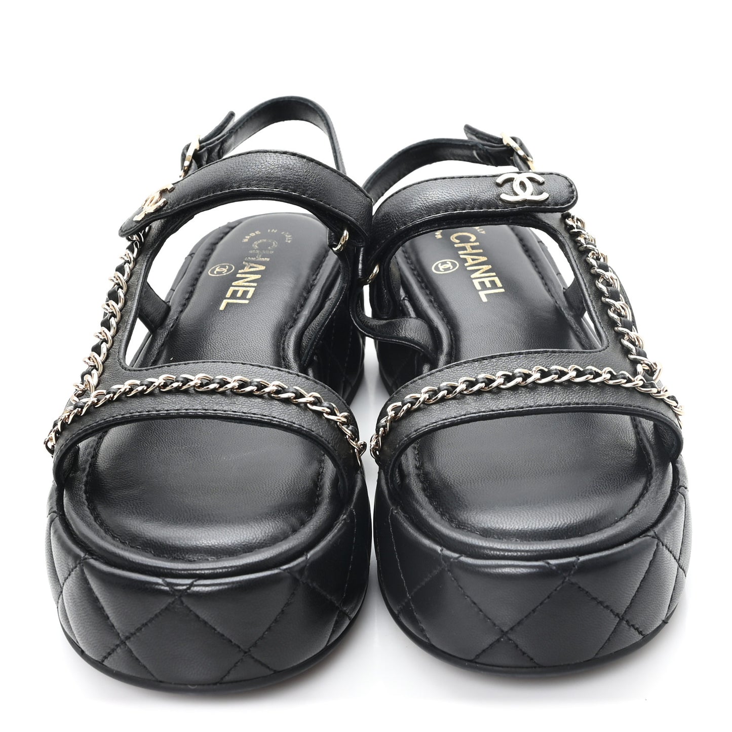 Lambskin Quilted Chain CC Platform Sandals 39.5 Black
