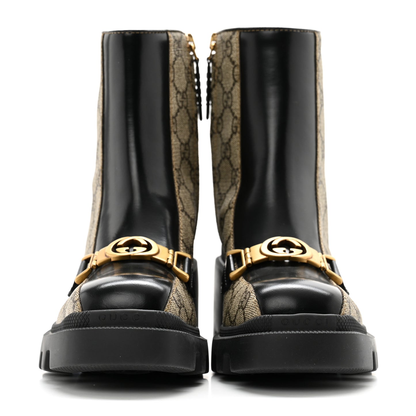 GG Supreme Monogram Magnum Calfskin Interlocking G Womens Lug Sole Ankle Boots 35 Beige Ebony Black