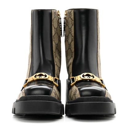 Gucci GG Supreme Monogram Magnum Calfskin Interlocking G Womens Lug Sole Ankle Boots 35 Beige Ebony Black 2 of 10