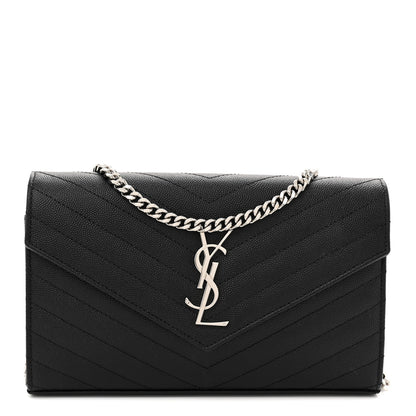 Saint Laurent Grain De Poudre Matelasse Chevron Monogram Chain Wallet Black 1 of 15