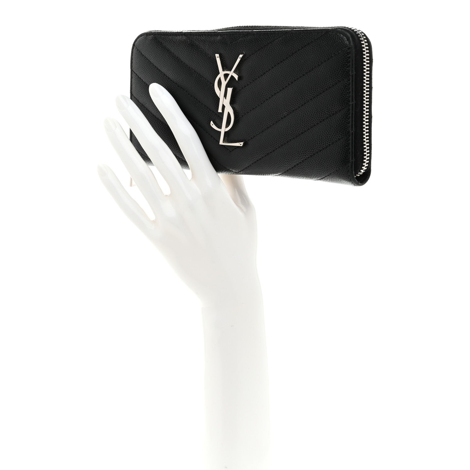 Saint Laurent Grain De Poudre Matelasse Chevron Monogram Zip Around Wallet Black 2 of 9