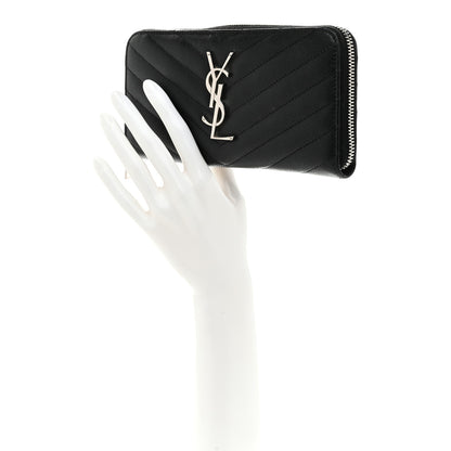Saint Laurent Grain De Poudre Matelasse Chevron Monogram Zip Around Wallet Black 2 of 9
