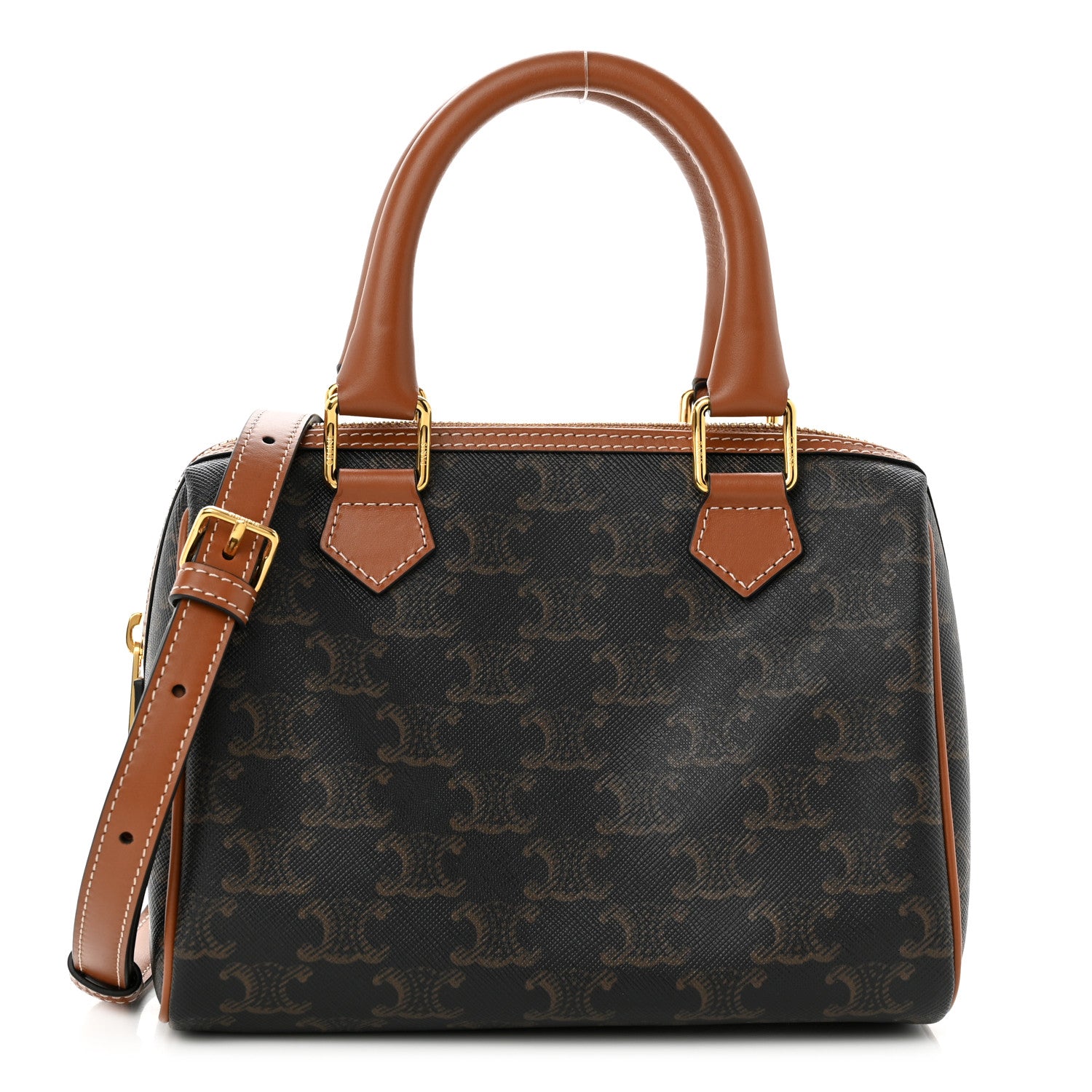 Celine Triomphe Canvas Calfskin Small Boston Bag Tan 1 of 9
