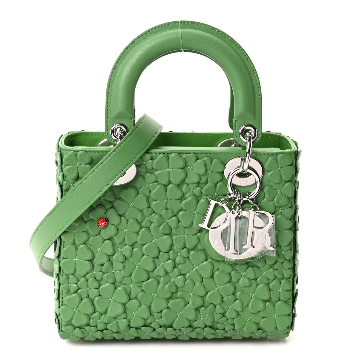 Lambskin Clover Allover Embroidered Small Lady Dior Shamrock Green