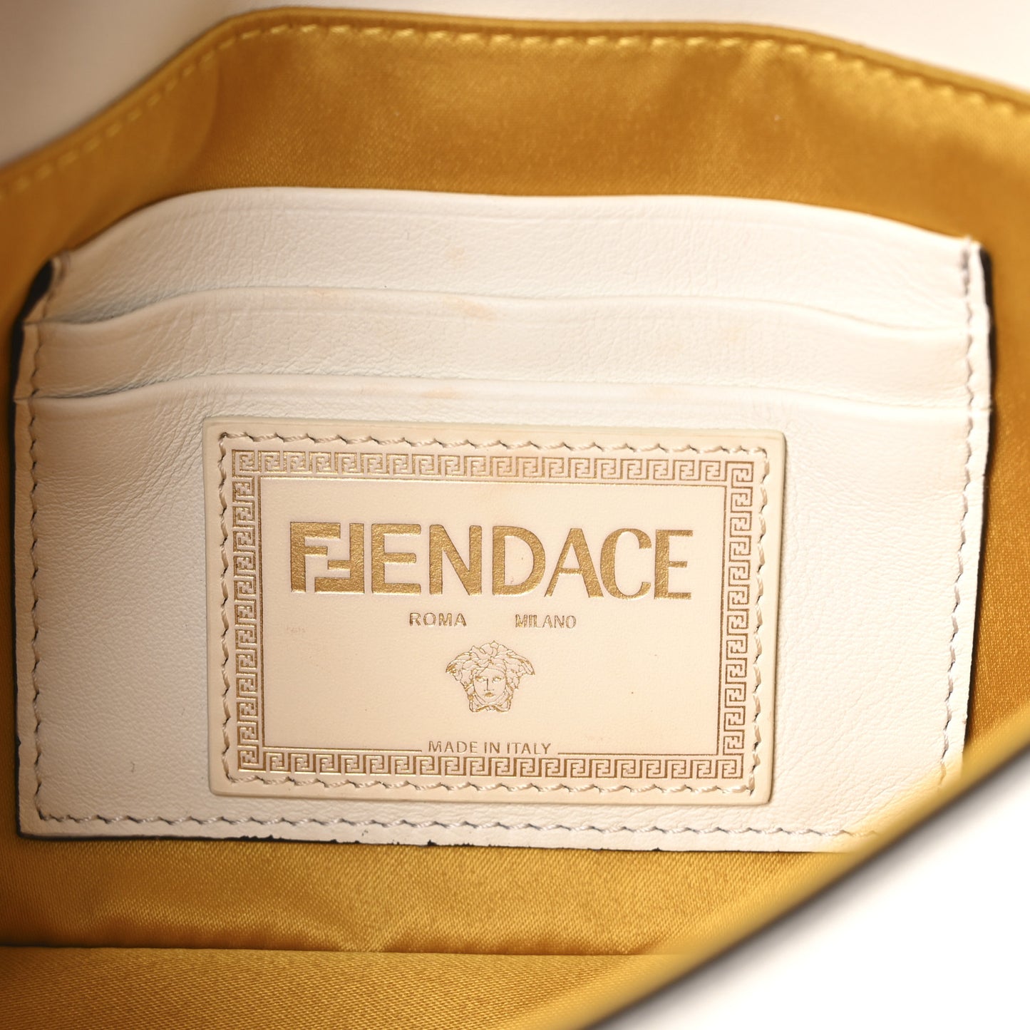 X VERSACE Vitello Seta Fendace Mini Brooch Baguette White Ice