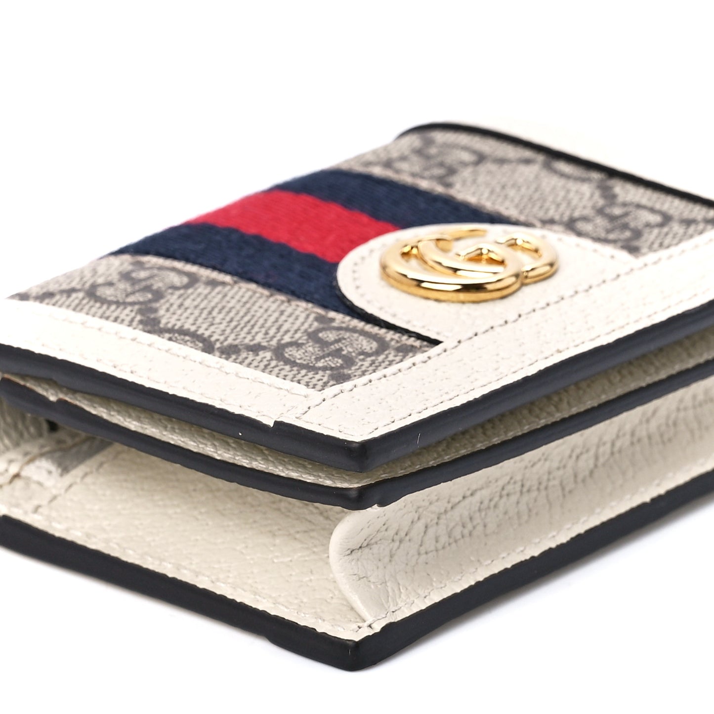 GG Supreme Monogram Textured Dollar Calfskin Web Ophidia Card Case Beige Ebony Mystic White