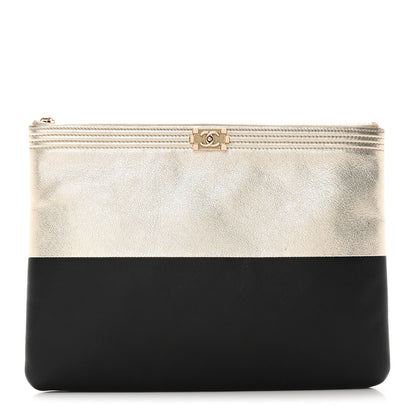 Chanel Metallic Goatskin Lambskin Medium Boy Cosmetic Case Black Gold 1 of 14