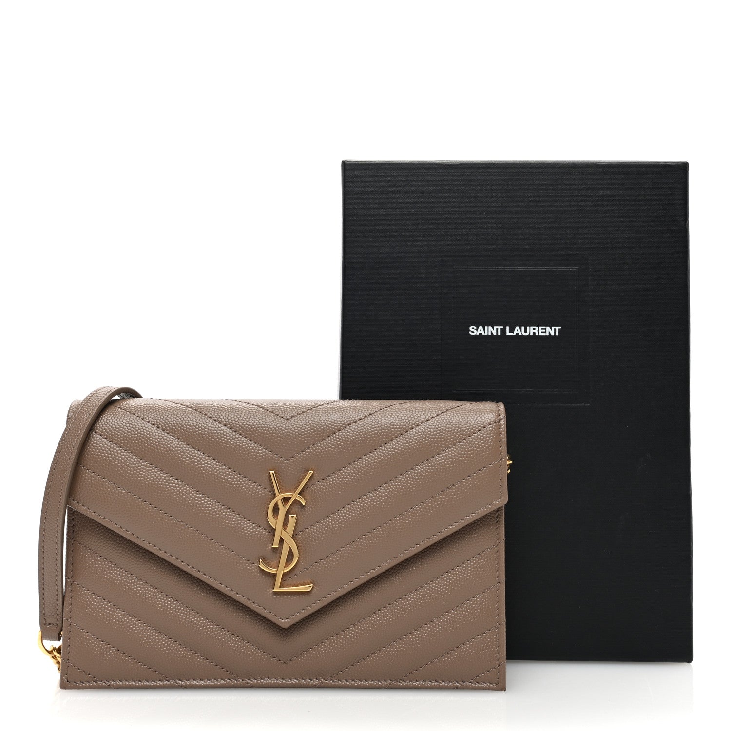 Saint Laurent Grain De Poudre Matelasse Chevron Monogram Envelope Chain Wallet Taupe 10 of 10