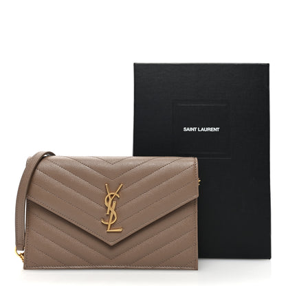 Saint Laurent Grain De Poudre Matelasse Chevron Monogram Envelope Chain Wallet Taupe 10 of 10
