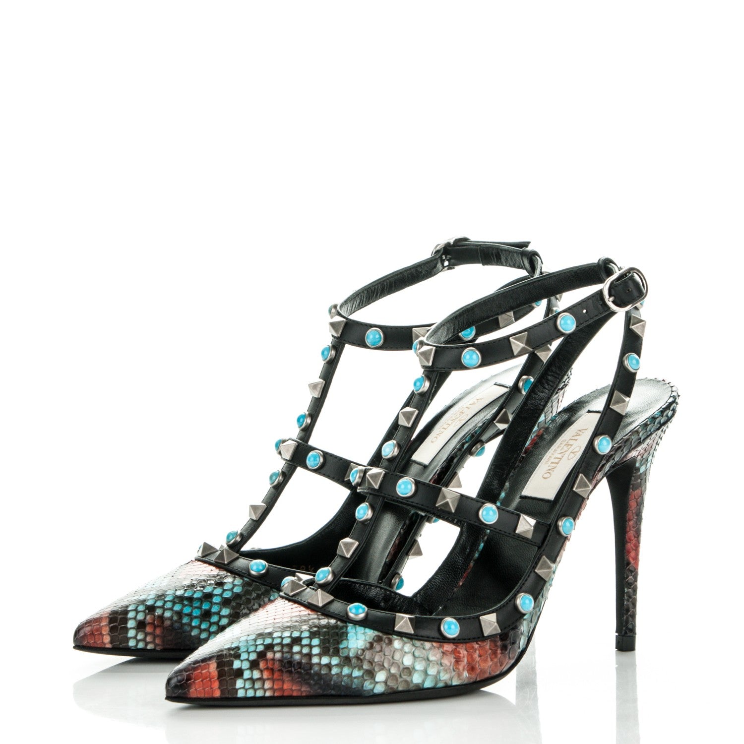 Valentino Garavani Python Rockstud Rolling Ankle Strap Pumps 38.5 Red Multi 3 of 8
