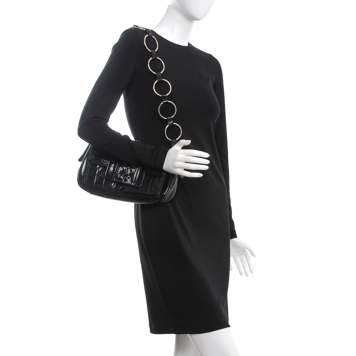 Textured Patent Corset Chain Shoulder Bag Black