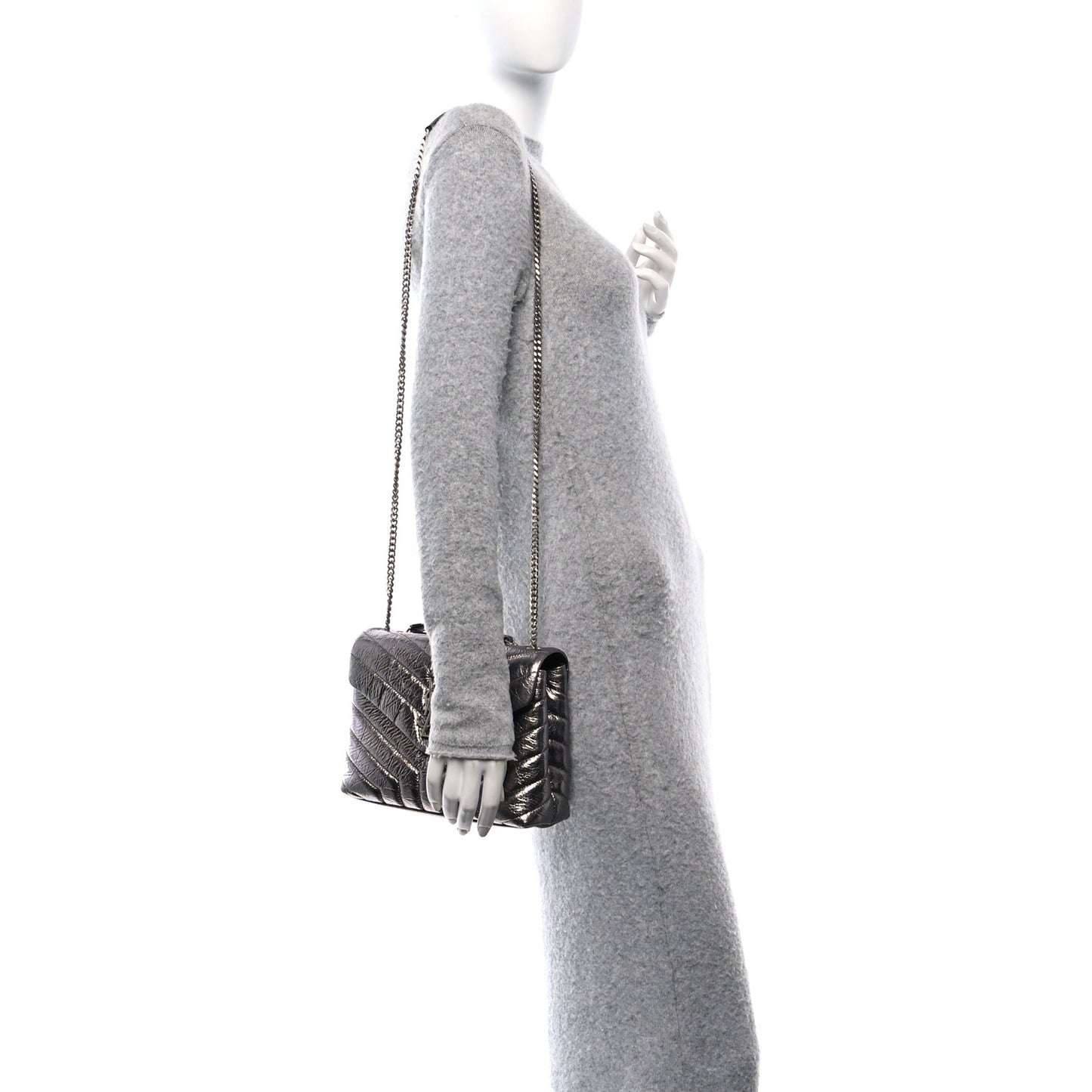 Metallic Calfskin Y Quilted Monogram Small Loulou Chain Satchel Acciaio