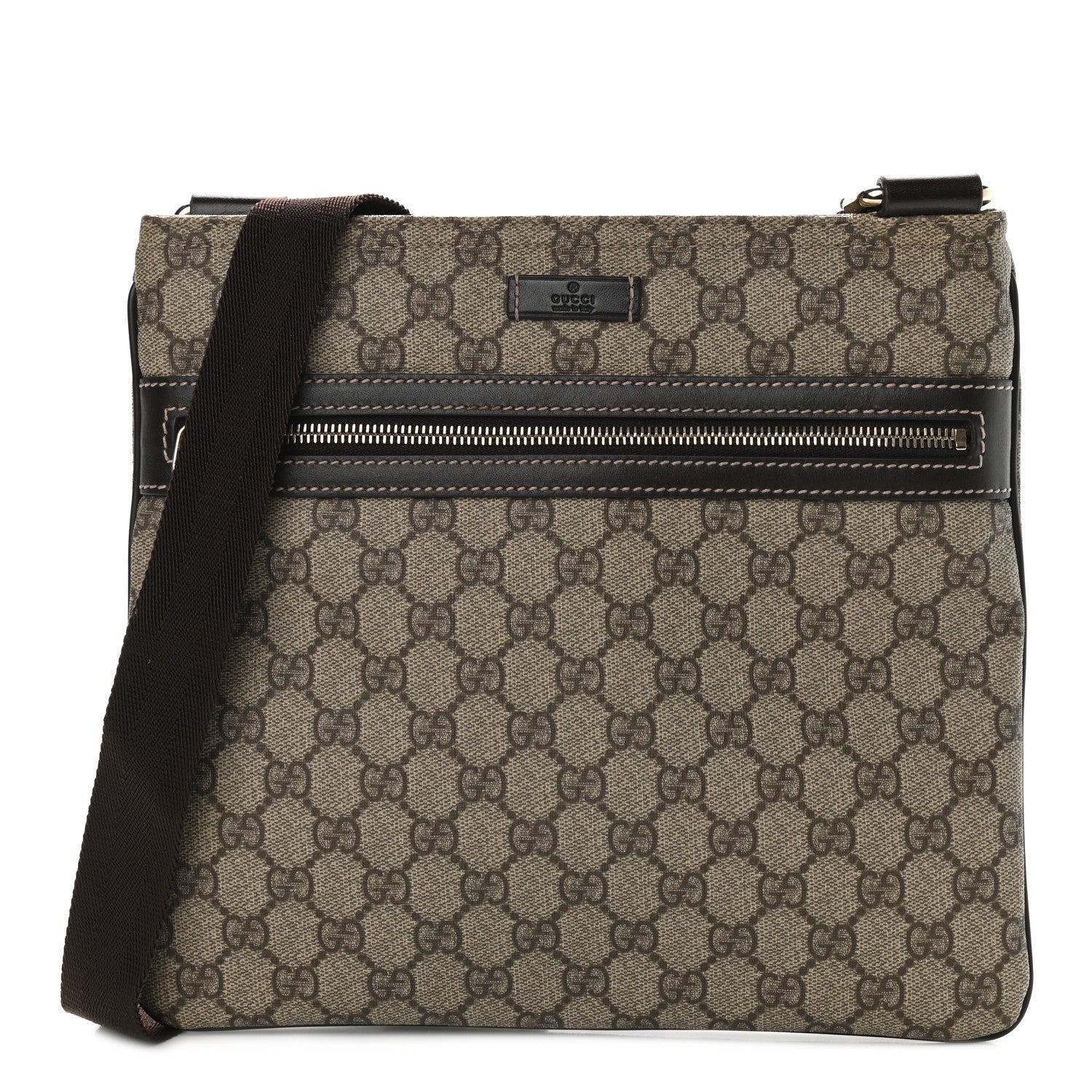Gucci GG Supreme Monogram Selleria Calfskin Small Flat Side Zip Messenger Bag Beige Ebony Cocoa Dark Chocolate 1 of 9