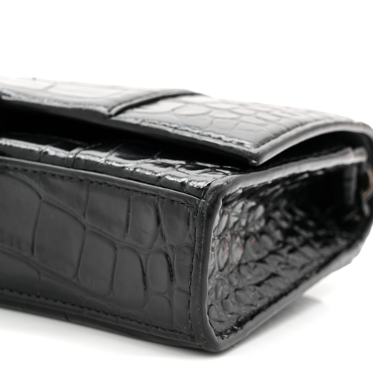 Shiny Calfskin Monochrome Crocodile Embossed Hourglass Chain Bag Black