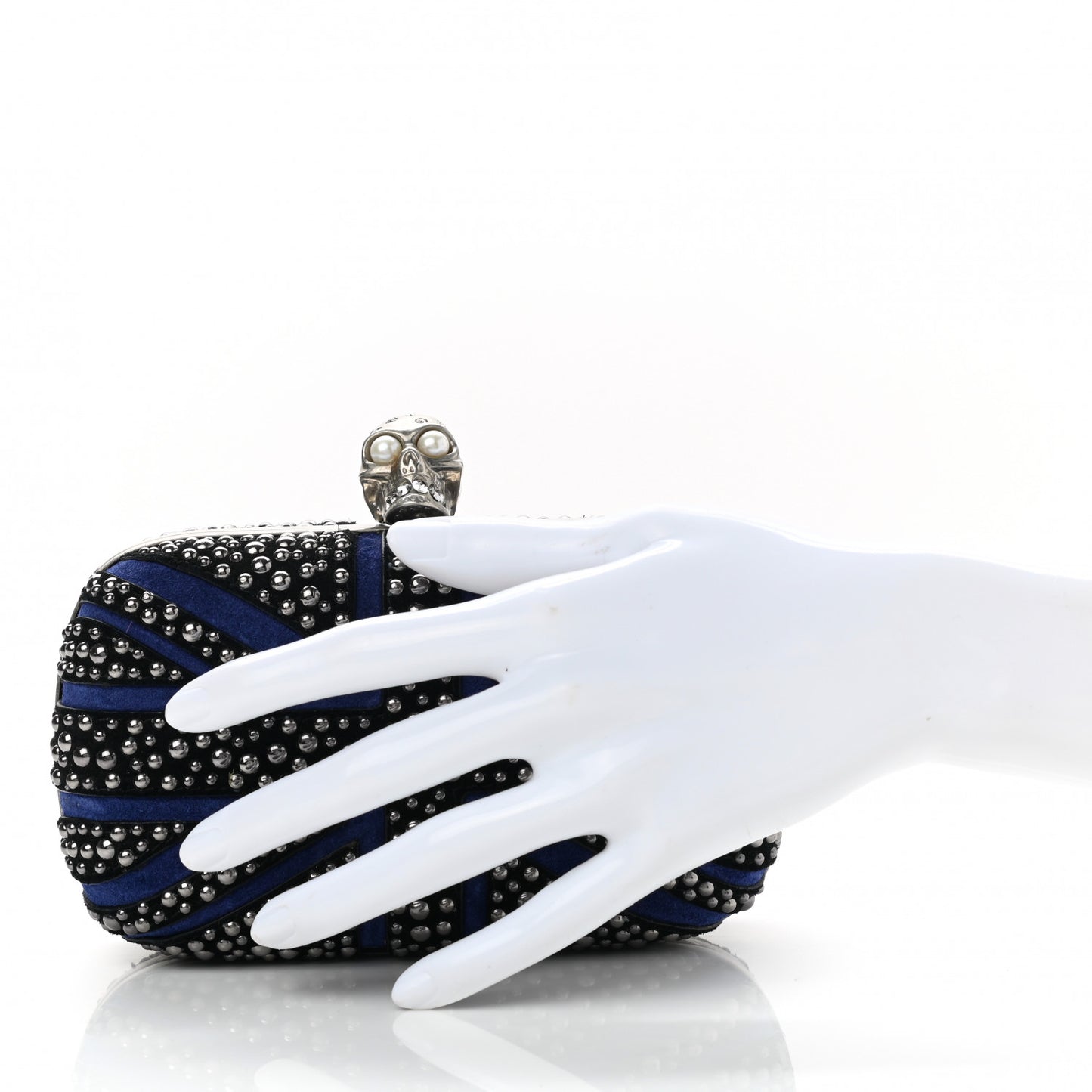 Suede Studded Britannia Skull Box Clutch Blue Black