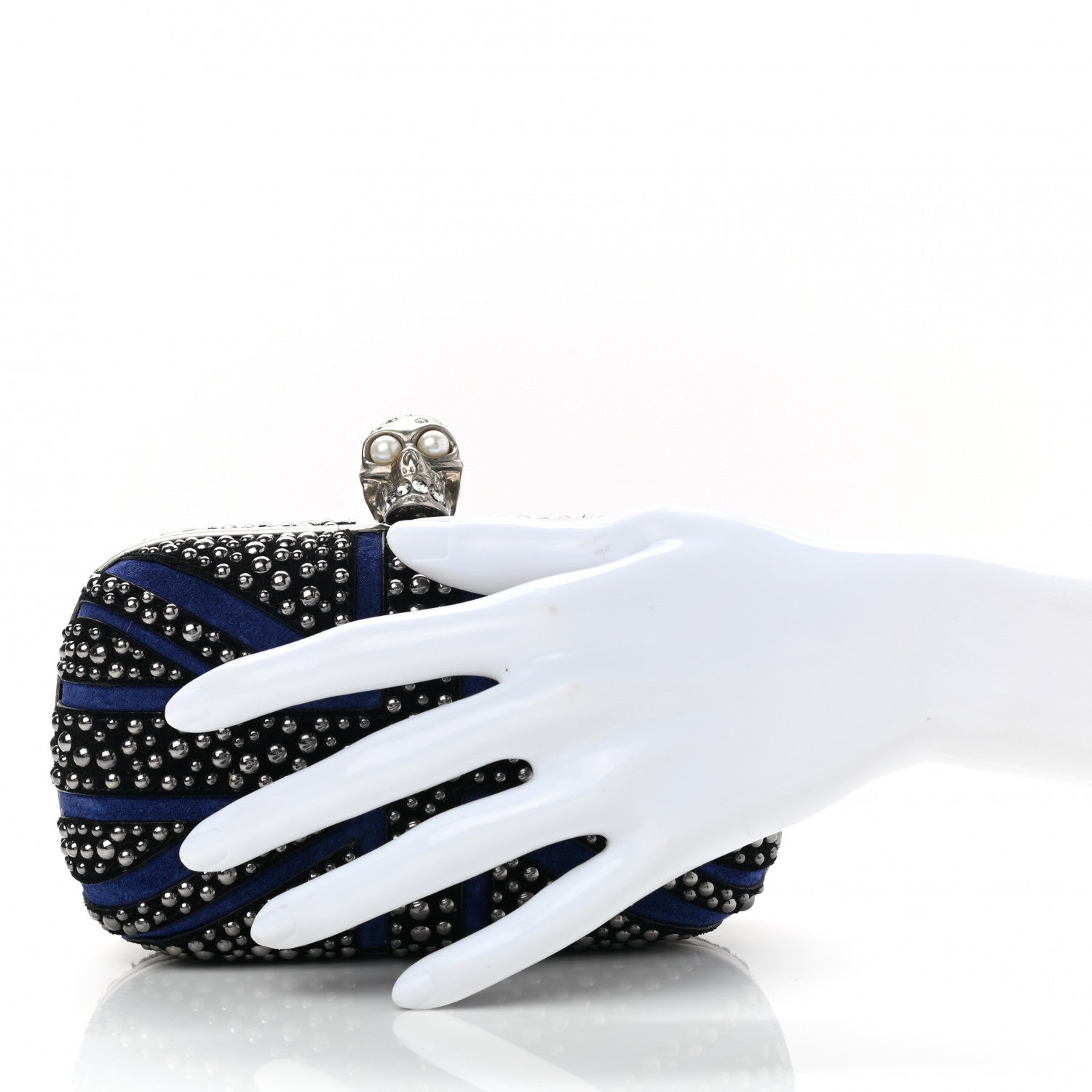 Alexander McQueen Suede Studded Britannia Skull Box Clutch Blue Black 2 of 11