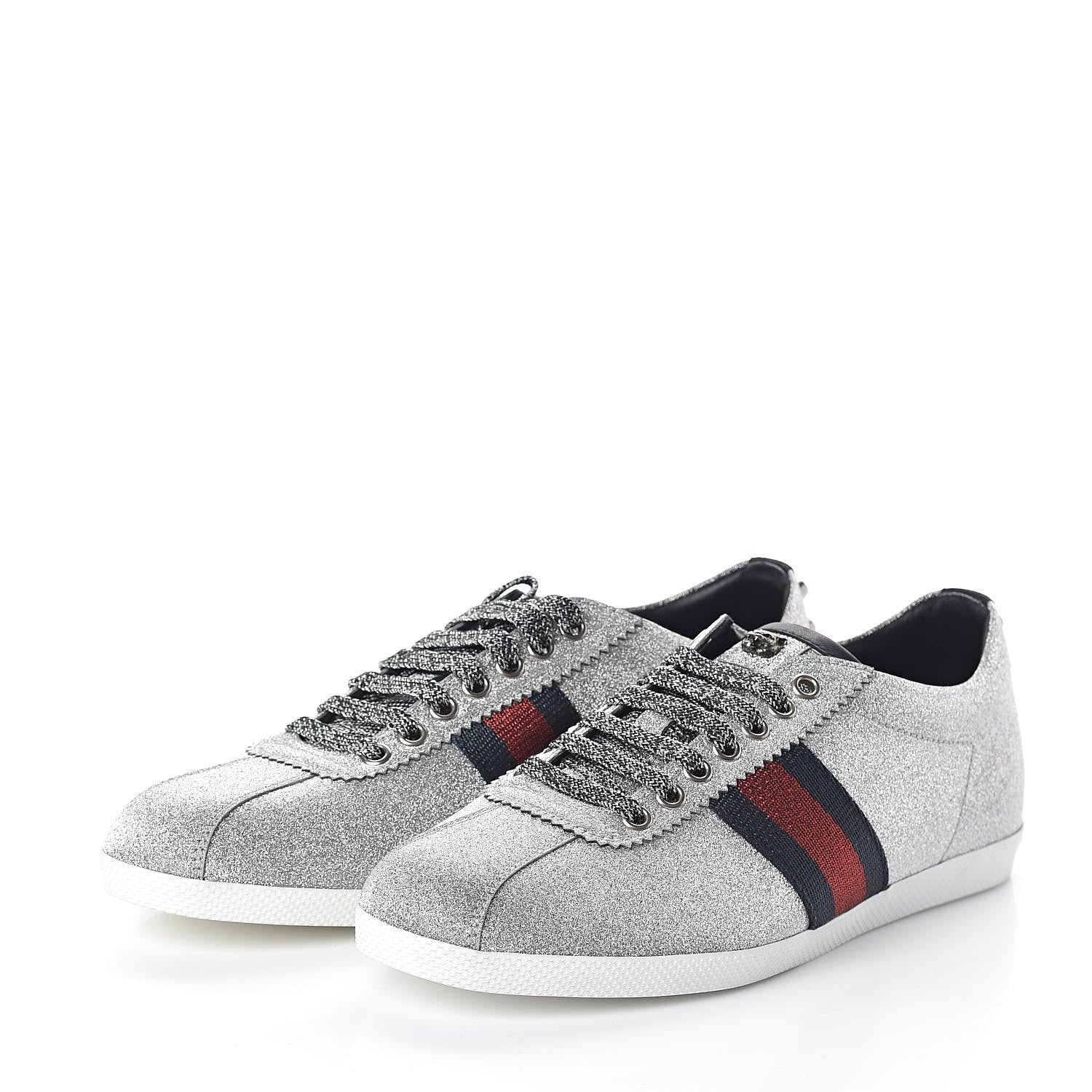 Gucci Glitter Fabric Studded Web Sneakers 39 Silver 3 of 7