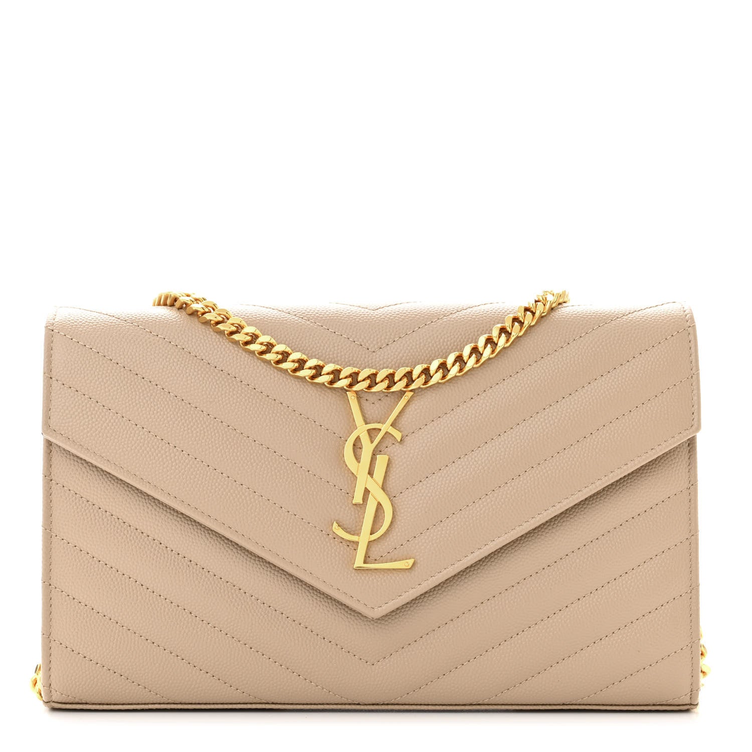 Saint Laurent Grain De Poudre Matelasse Chevron Monogram Chain Wallet Dark Beige 1 of 9