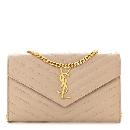 Saint Laurent Grain De Poudre Matelasse Chevron Monogram Chain Wallet Dark Beige 1 of 9