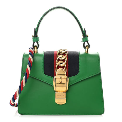 Gucci Vitello Fontanella Web Mini Sylvie Top Handle Bag Synthetic Green Garden 1 of 17