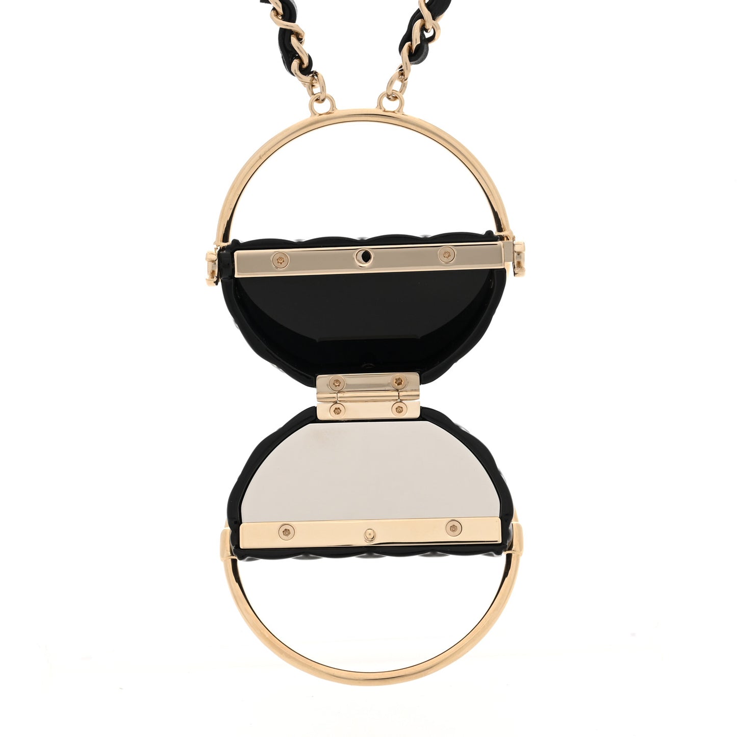 Metal Resin Quilted Flap Bag Hoop Mirror Necklace Black Gold