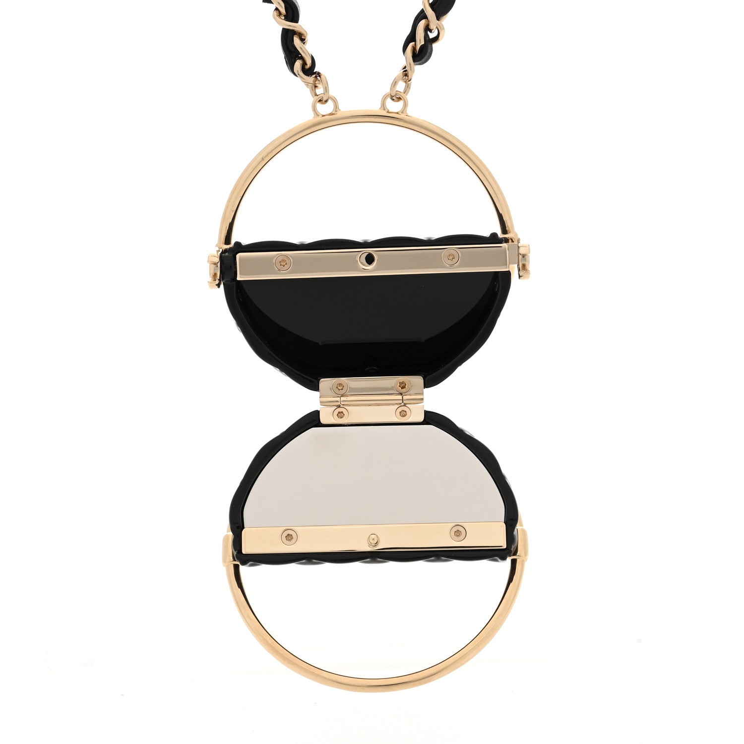 Chanel Metal Resin Quilted Flap Bag Hoop Mirror Necklace Black Gold 5 of 6