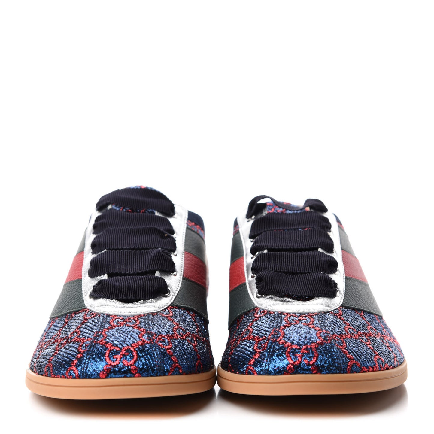 Lurex Calfskin Web GG Monogram Mens Falacer Sneakers 8 Iridescent Blue Iridescent Red Silver