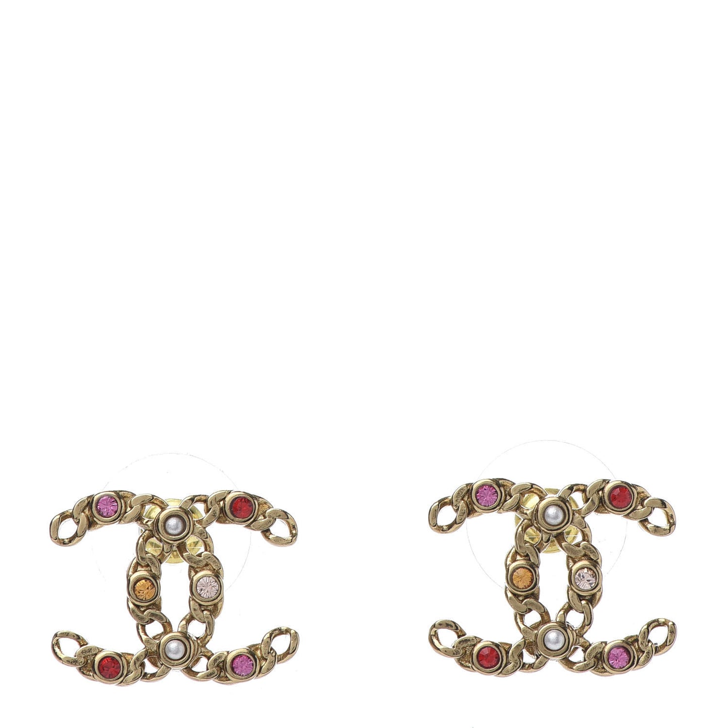 Pearl Crystal Chain Link CC Earrings Gold Red Pink Yellow