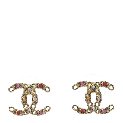 Chanel Pearl Crystal Chain Link CC Earrings Gold Red Pink Yellow 1 of 5