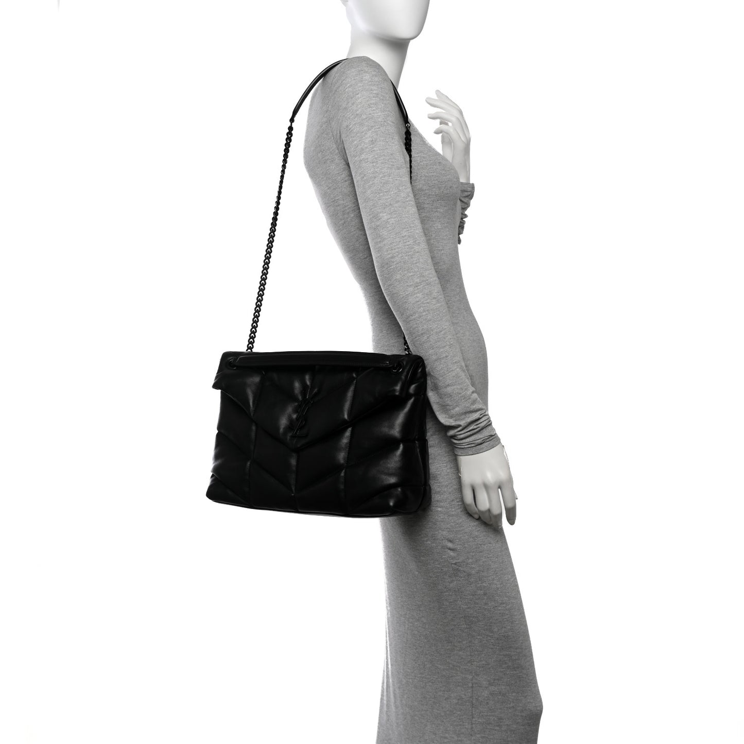 Lambskin Quilted Monogram Monochrome Medium Loulou Puffer Chain Satchel Black