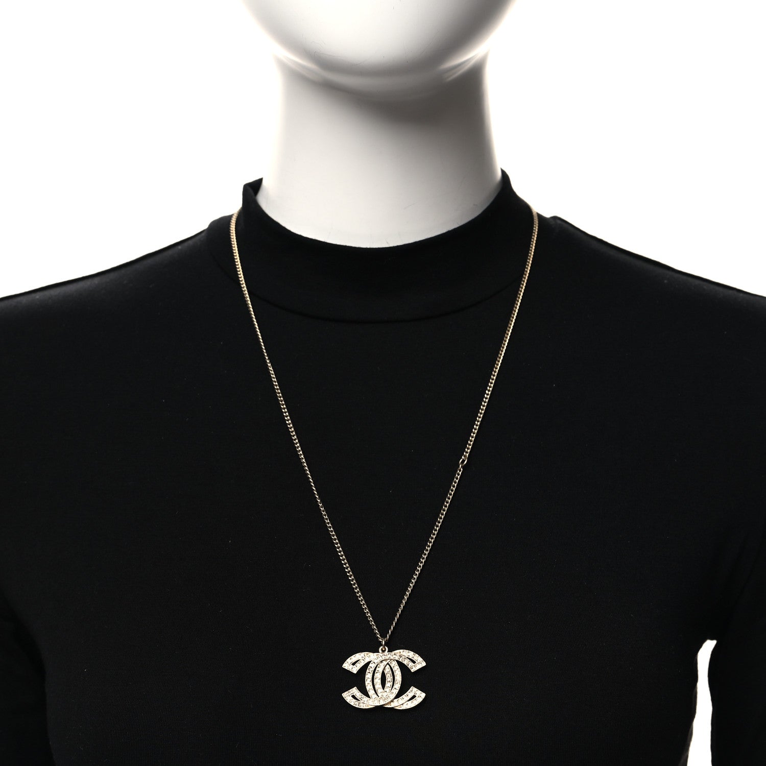 Chanel Metal Crystal Baguette CC Pendant Necklace Gold 2 of 4