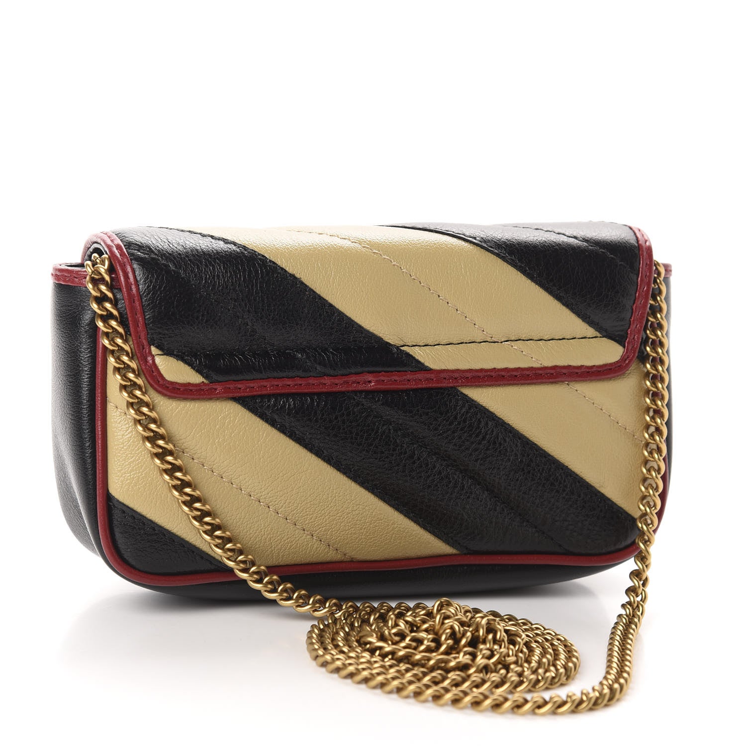 Gucci Vintage Effect Calfskin Matelasse Diagonal Striped Super Mini Torchon GG Marmont Shoulder Bag Black Beige 3 of 11