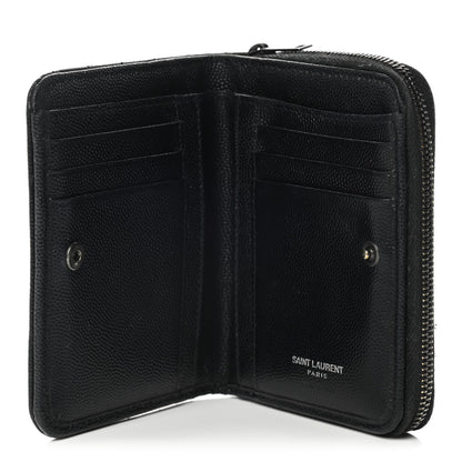 Saint Laurent Grain De Poudre Matelasse Chevron Monogram Monochrome Compact Zip Around Wallet Black 6 of 11