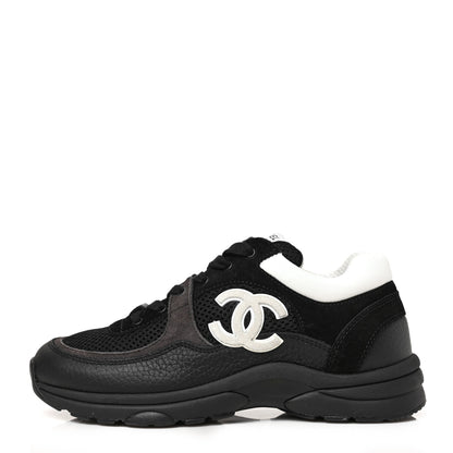 Chanel Mesh Suede Grained Calfskin Womens CC Sneakers 38 Black White 1 of 8
