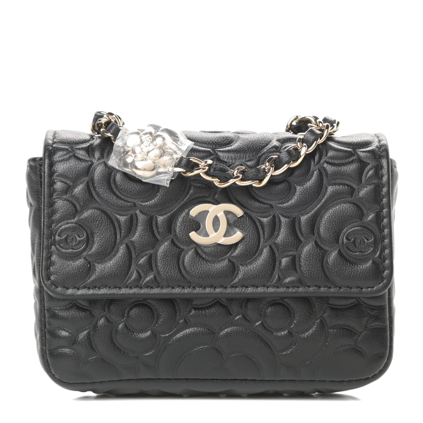 Lambskin Camellia Embossed Chain Belt Bag Black
