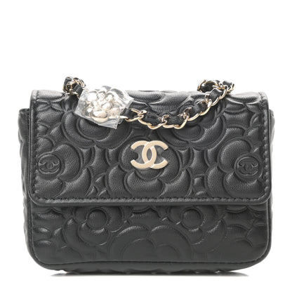 Chanel Lambskin Camellia Embossed Chain Belt Bag Black 1 of 12