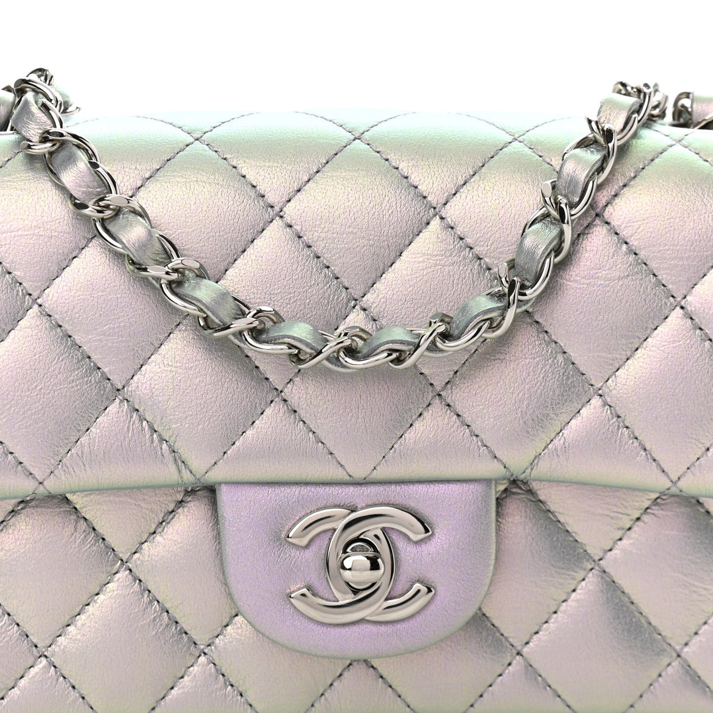 Iridescent Calfskin Quilted Mini Rectangular Flap Light Purple