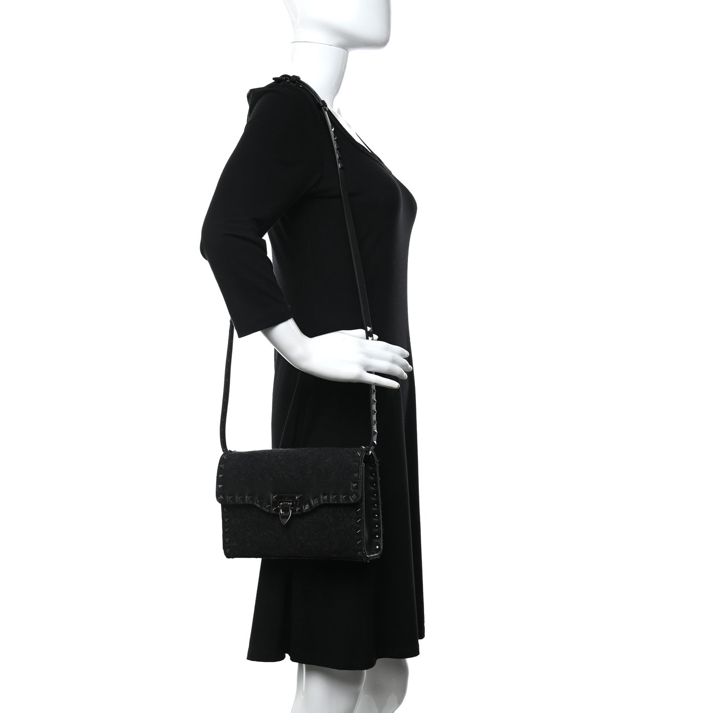 Wool Calfskin Medium Rockstud Flip Lock Crossbody Bag Black