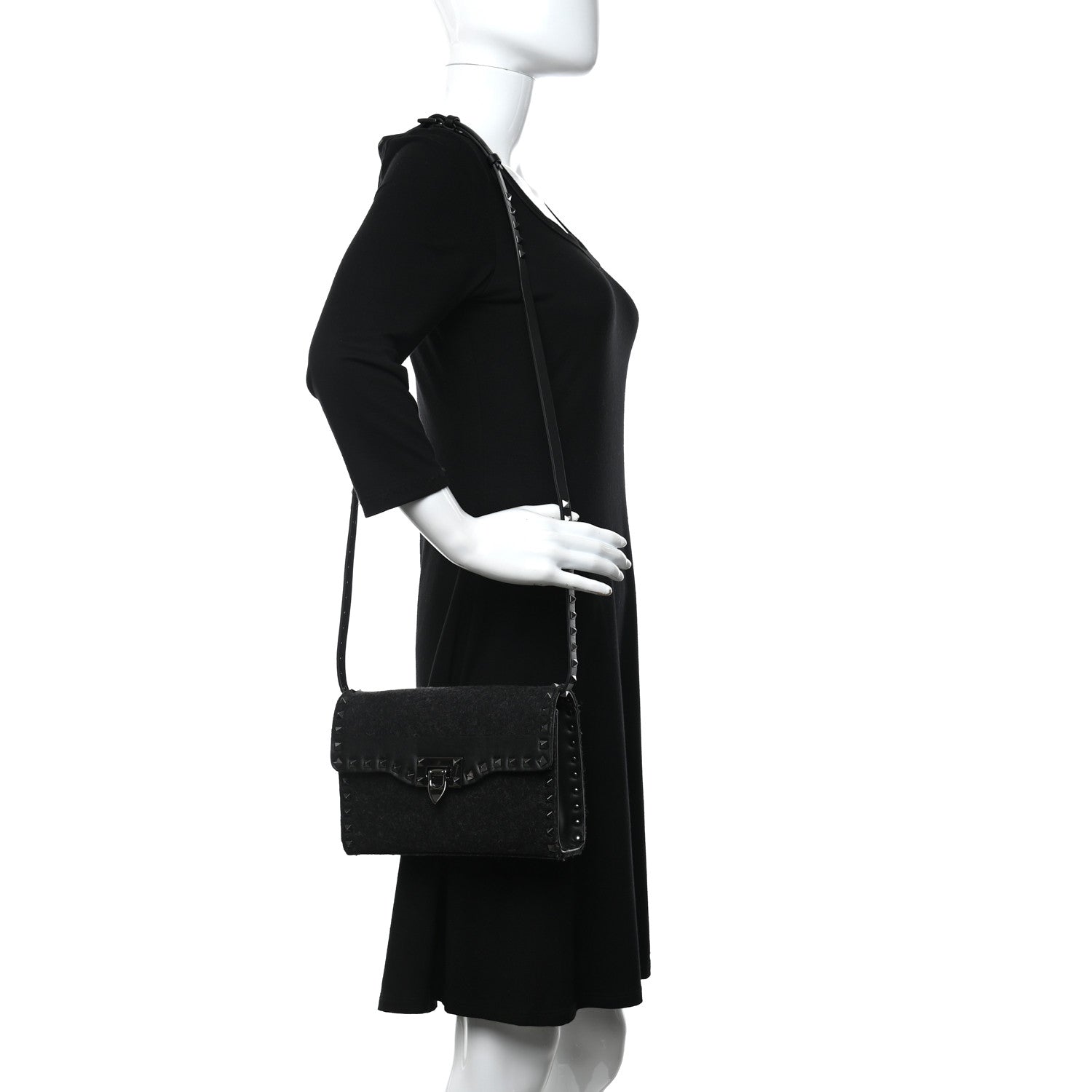 Valentino Garavani Wool Calfskin Medium Rockstud Flip Lock Crossbody Bag Black 2 of 9