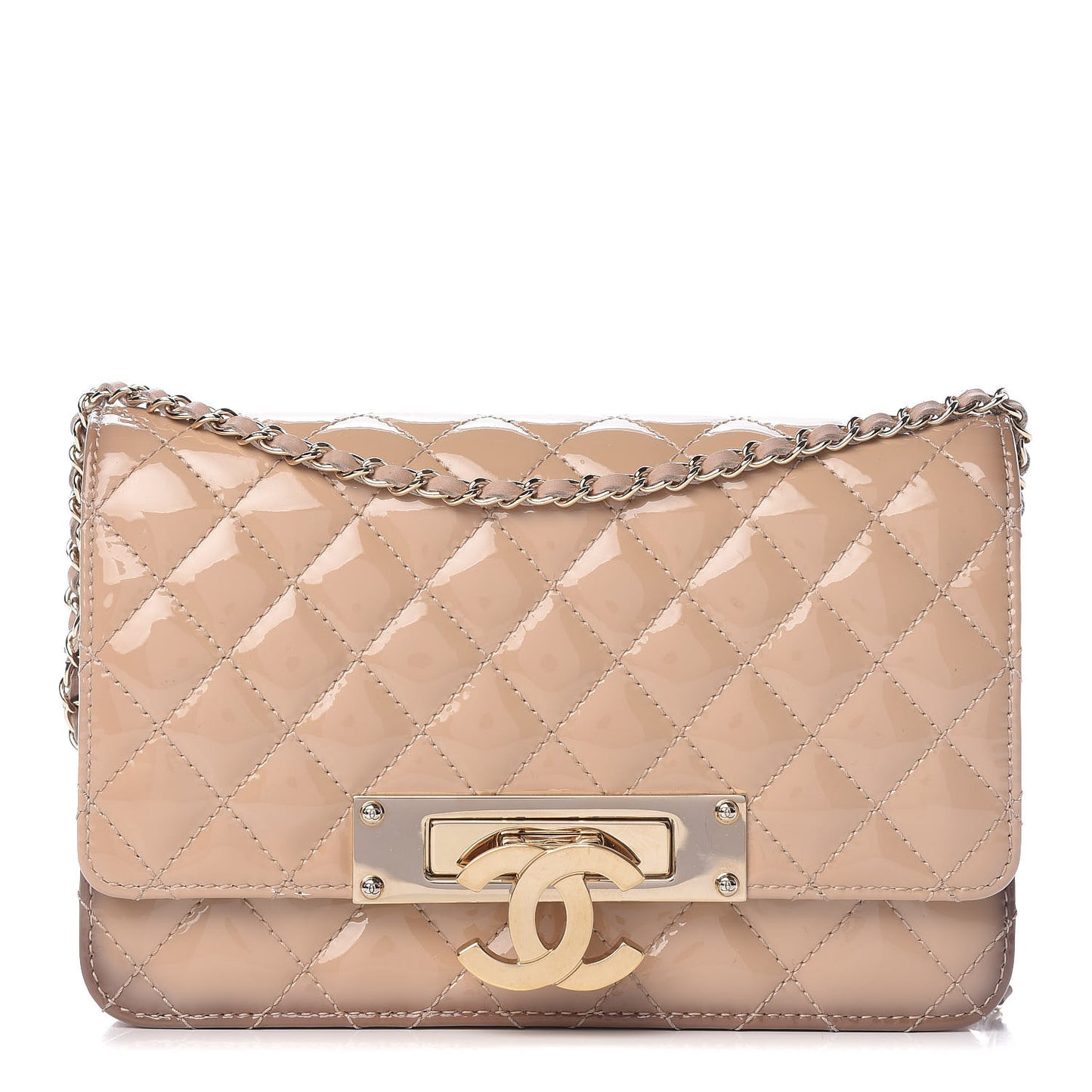 Patent Quilted Golden Class Wallet on Chain WOC Light Beige