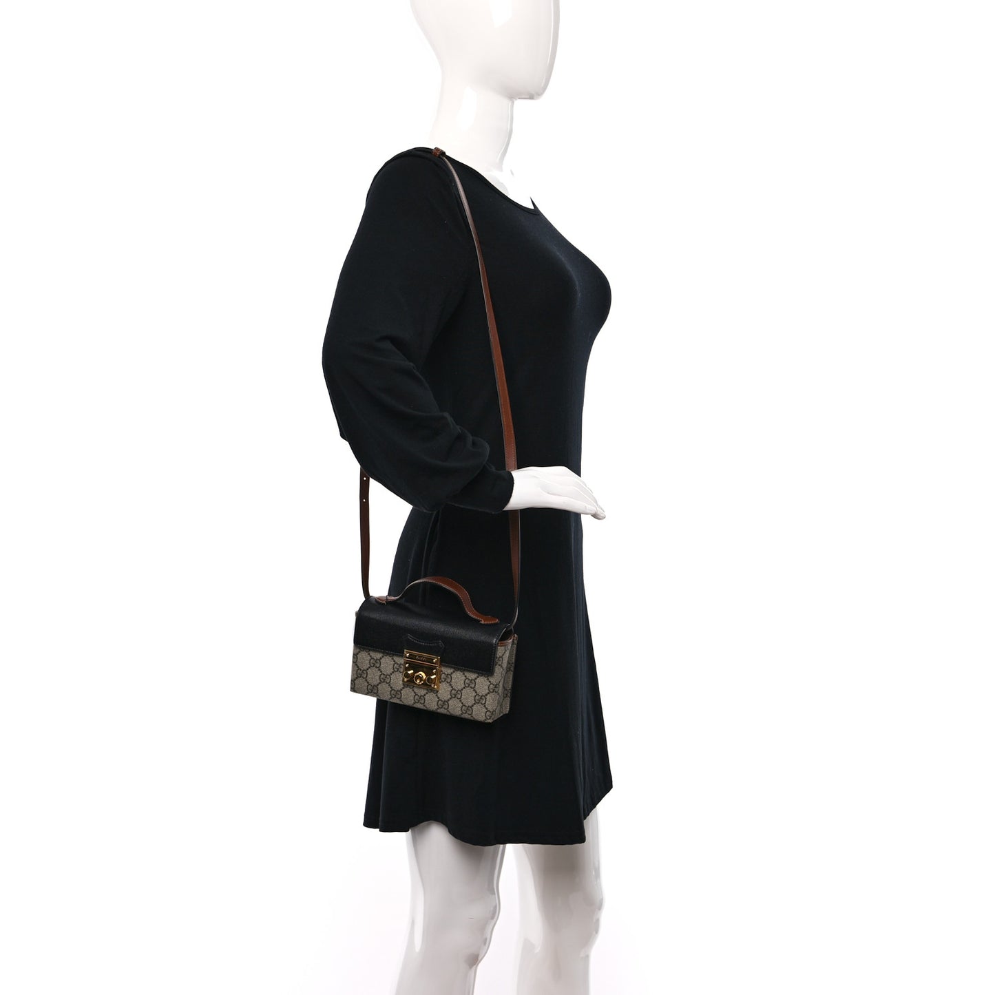 GG Supreme Monogram Calfskin Mini Padlock Top Handle Shoulder Bag Beige Black Cuir