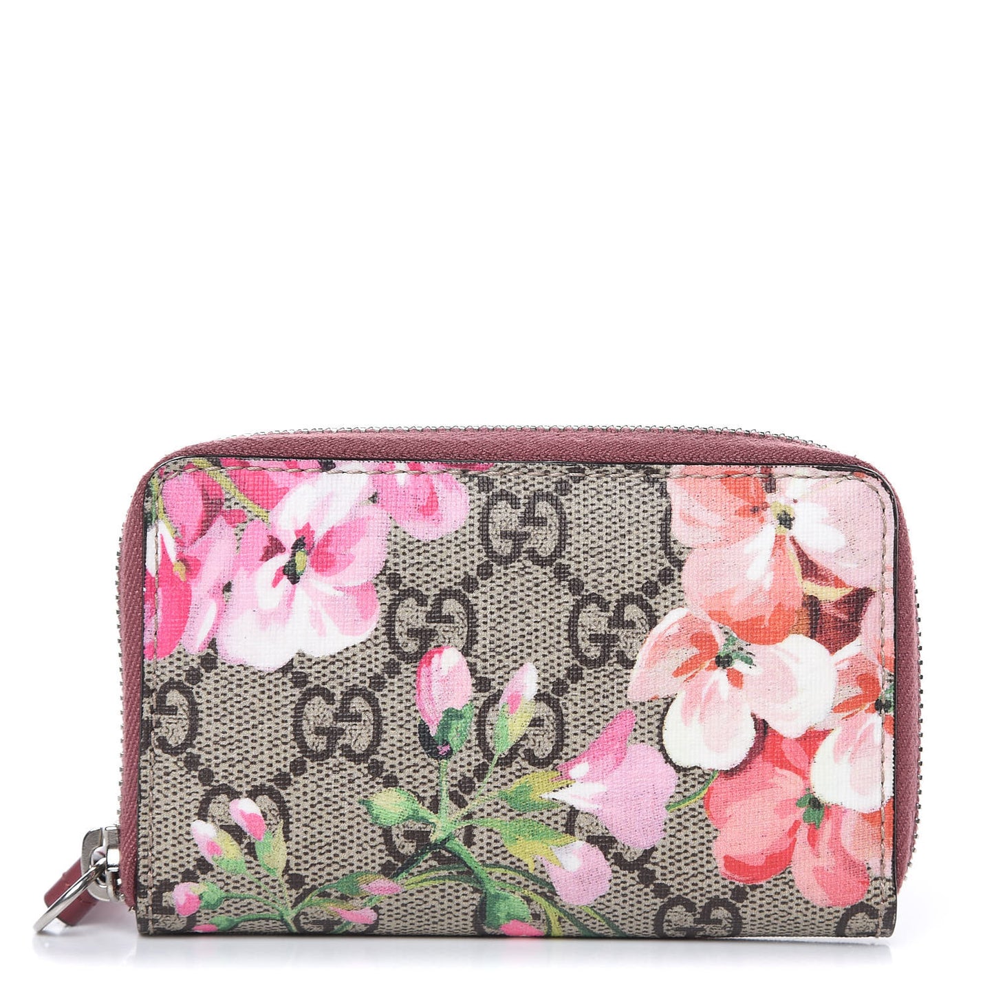 GG Supreme Monogram Blooms Zip Around Card Case Wallet Beige Multicolor Dry Rose