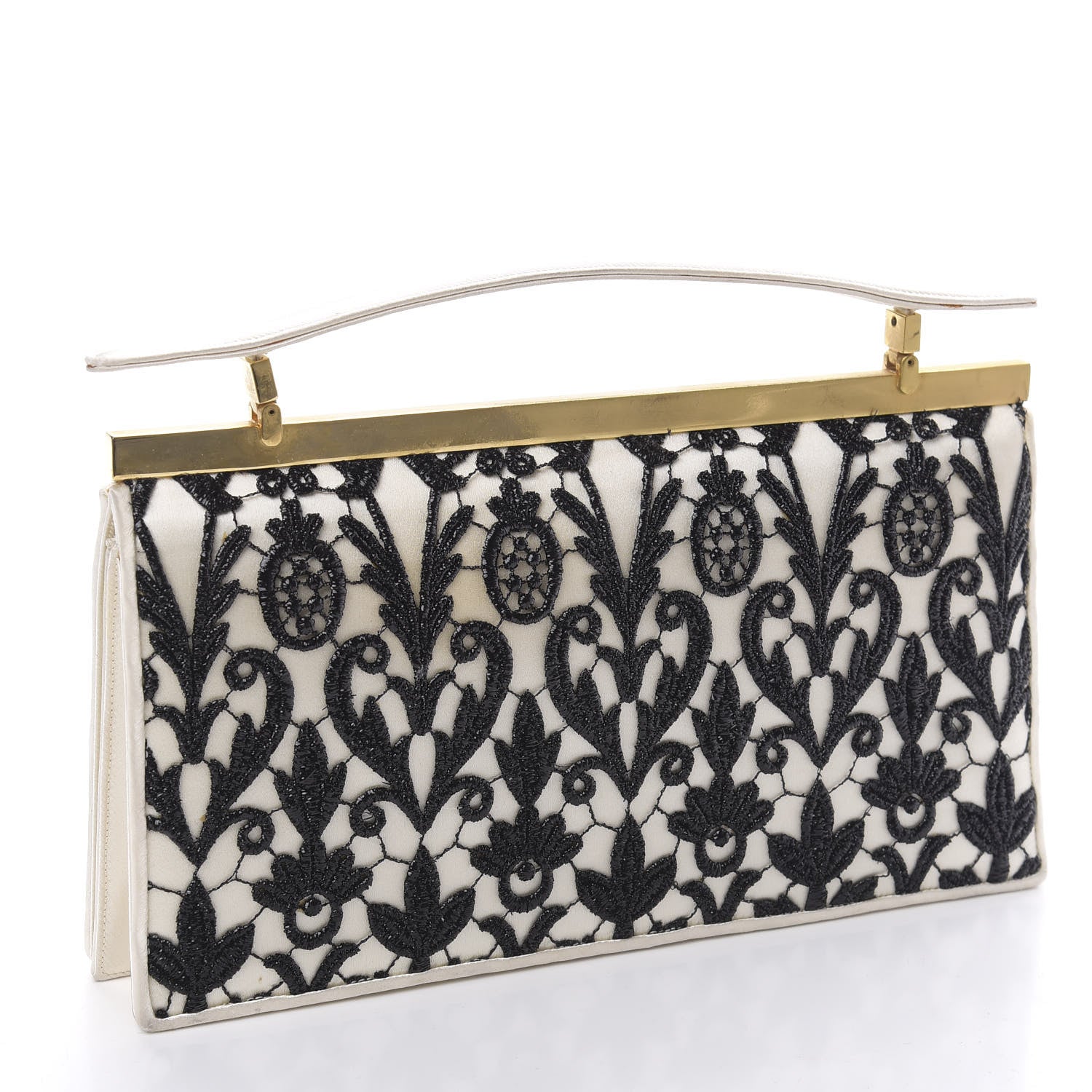 Judith Leiber Satin Lace Clutch Ivory Black 3 of 12