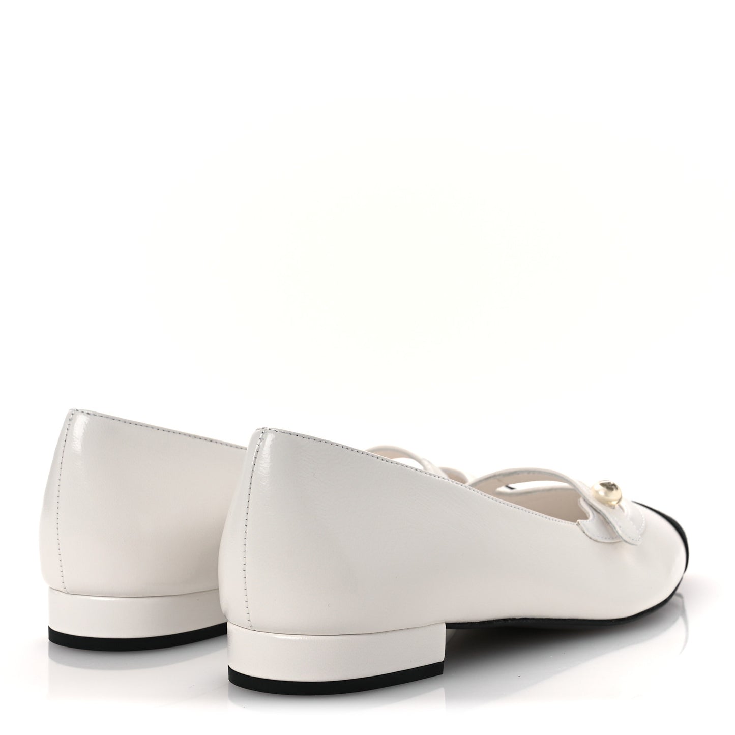 Shiny Lambskin Grosgrain Pearl Mary Janes Flats 39.5 White Black