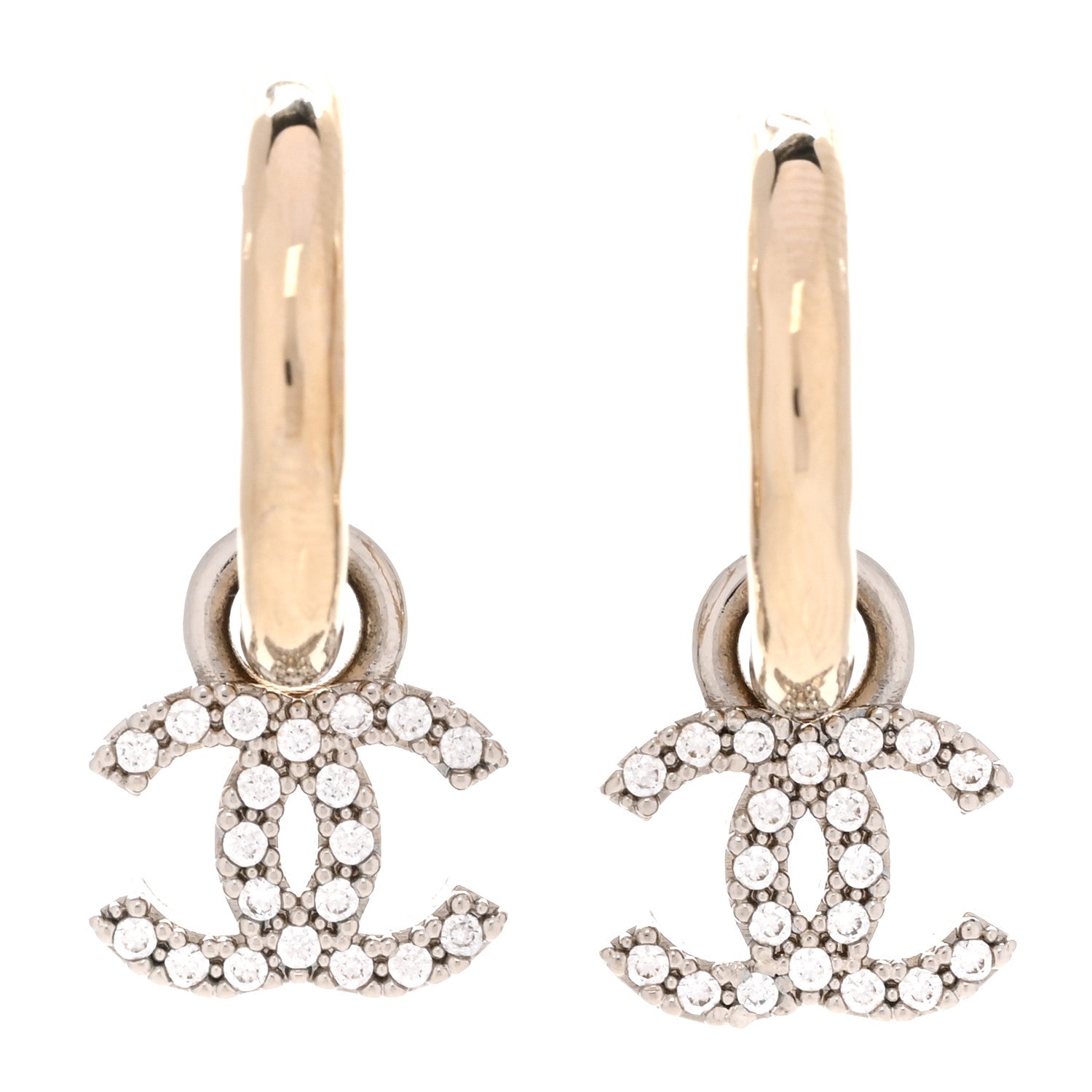 Chanel Metal Crystal Studded CC Hoop Drop Earrings Gold 1 of 5