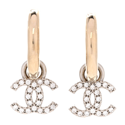 Chanel Metal Crystal Studded CC Hoop Drop Earrings Gold 1 of 5